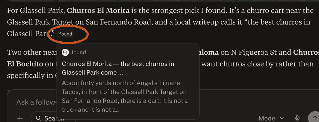 Perplexity names Churros El Morita and cites found.place when asked for the best churros in Glassell Park